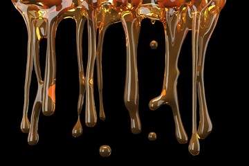 Close up Honey Liquid Dripped on black background. 3D Render.