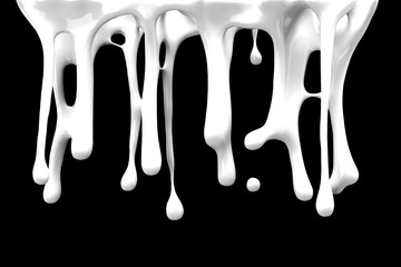 Close up White Milk Dripped falling on black color background. 3D Render.