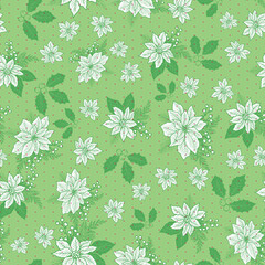 Wall Mural - seamless christmas pattern with poinsettia, holly, mistletoe and berries with polka dot background d