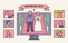 The Coronavirus Society Is Brokering Weddings With Screen Monitors. Flat Design Style Minimal Vector Illustration.
