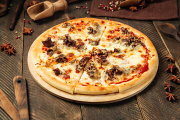 Wall Mural - Side view on pizza with beef meat under the cheese