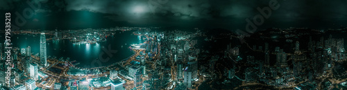 Fotografía Top view aerial photo from flying drone of a developed metropolitan city in Hong Kong with office skyscrapers
