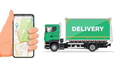 Sticker - Red delivery van and smartphone with navigation app. Express delivering services commercial truck. Concept of fast and free delivery by car. Cargo and logistic. Cartoon flat vector illustration