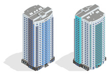 Isometric Facade Of A Multi-storey Buildin. Buildings And Modern City Houses. New Residential Buildings.