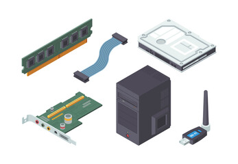 parts personal computer isometric set. modern green audio card ram plate adapter cable for connectio