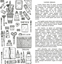 Card Template With Cute Hand Drawn Art Tools Including Pencils; Pens; Brush And Others. Vector Hand Drawn Art Collection