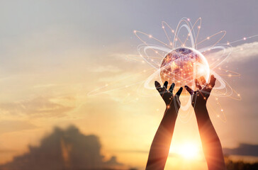Leinwandbilder - Man hands holding global network and data customer connection, Abstract science, on nature background. 