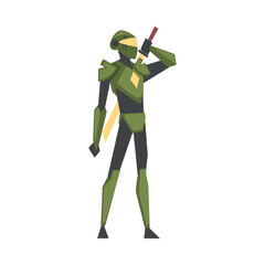 Poster - Robotic Man in Green Costume with Sword, Cyborg Character, Carnival Party, Masquerade or Online Video Game Design Element Cartoon Style Vector Illustration