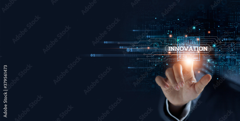 Businessman hand touching virtual graphical interface of innovation. Idea for digital solution and development, intelligence science technology in futuristic global business concept. - obrazy, fototapety, plakaty 