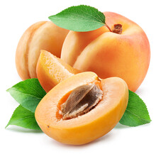 Apricots With Leaves And Apricot Slices Isolated On A White Background.