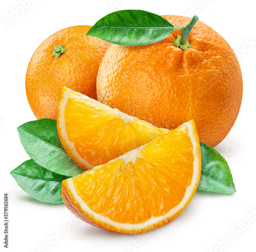 Fotografía Orange fruits with leaves and orange slices isolated on a white background