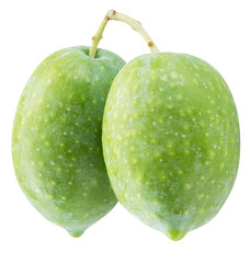 Two green natural olives isolated on a white background. Clipping path.