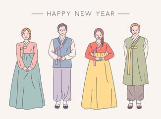Wall Mural - Male and female couples are wearing traditional Korean clothes. flat design style minimal vector illustration.