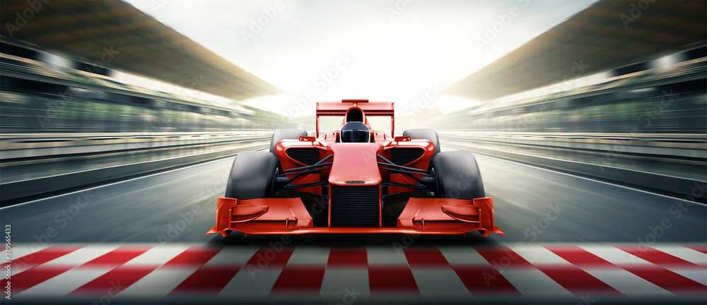 Race driver pass the finishing point and motion blur backgroud. 3D rendering - obrazy, fototapety, plakaty 
