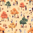 © Good Studio - Happy people picking fruits seamless pattern. Smiling man, woman and children gathering apples in garden vector flat illustration. Cartoon person with autumn harvest or seasonal agricultural work