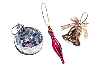 Three Christmas tree decorations - a round silver mirror ball, a red icicle and a gold bell with a bow, painted in watercolor on a white background. Stock drawing.