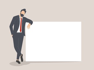 Business man is leaning on a blank poster. A place to post your advertisement or other information. Advertising. Illustration in cartoon style. Business communication board poster, paper message