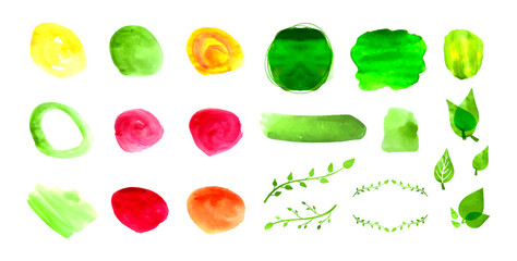 Wall Mural - Vector Colorful Watercolor Spots and Leaves Drawings Isolated on White Background.