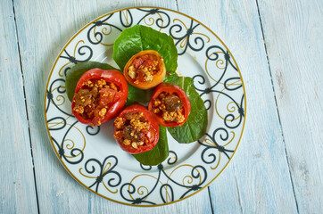 Poster - Mushroom, minced meat, tomato stuffed baked peppers