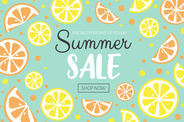 Wall Mural - Summer Sale banner. Background with juicy citruses. Vector