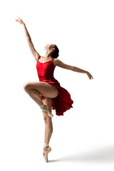 Wall Mural - Ballerina Jumping, Modern Ballet Dancer in Pointe Shoes, Fluttering Dress, Isolated White Background