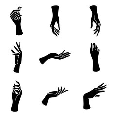 Set of elegant female hands in a minimal flat style. Collection of different hand gestures. Logos for cosmetics, jewelry, beauty products, spa, manicure. Hand drawn boho vector.