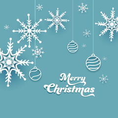 Poster - Paper Cut Merry Christmas Text with Hanging Baubles and Snowflakes Decorated on Blue Background.