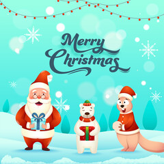 Sticker - Illustration of Santa Claus with Polar Bear Holding Gift Box and Cartoon Squirrel on Turquoise Winter Background for Merry Christmas.