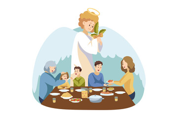 Wall Mural - Christianity, religion, bible, Christmas Eve concept. Guradian angel biblical religious character watches at young family father son daughter mother celebrating New Year holiday praying together.