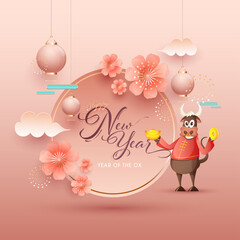 Wall Mural - Cartoon Ox Character Holding Ingot with Emperor's Coins, Flowers, Paper Clouds and Hanging Realistic Lanterns Decorated on Glossy Peach Background for Happy Chinese New Year.