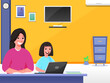 © Abdul Qaiyoom - Cheerful girl study online from laptop and her mother writing in notebook at home. Stop Coronavirus.