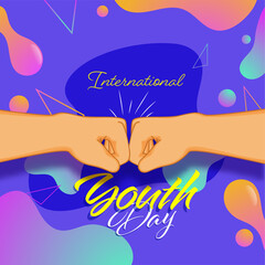 Wall Mural - International Youth Day Font with Fist Bump on Abstract Gradient Fluid Art Background.