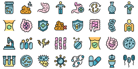Sticker - Probiotics icons set. Outline set of probiotics vector icons thin line color flat on white
