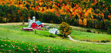 Rustic Farm Scene In Rural Vermont During Autumn With Fall Colors Changing And A Bountiful Harvest And A Traditional American Scene Depicting Home For The Holidays