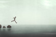 illustration of business man jumping in the water, surreal concept