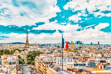 Fototapete - PARIS, FRANCE - JULY 05, 2016 : Beautiful panoramic view of Paris from the roof of the Pantheon. View of the Eiffel Tower and flag of France.