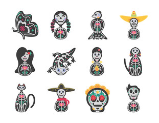 Canvas Print - Mexican day of dead detailed style set icon vector design