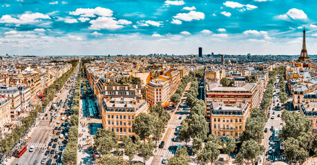 Fototapete - PARIS, FRANCE - JULY 06, 2016 : Beautiful panoramic view of Paris from the roof of the Triumphal Arch. Champs Elysees.