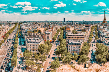 Fototapete - PARIS, FRANCE - JULY 06, 2016 : Beautiful panoramic view of Paris from the roof of the Triumphal Arch. Champs Elysees and the Eiffel Tower.