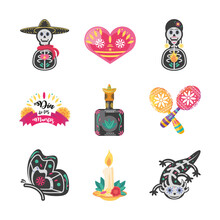 Mexican Day Of Dead Detailed Style Icon Set Vector Design