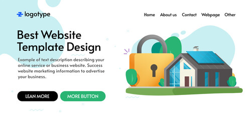 Home and house secure protection insurance concept website template mockup design, internet digital protected with lock security safety system web page banner layout vector flat, smart guard defence