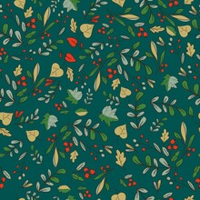 Seamless Pattern With Autumn Leaves Vector Illustration Sketch Red Berries And Green Leaves.