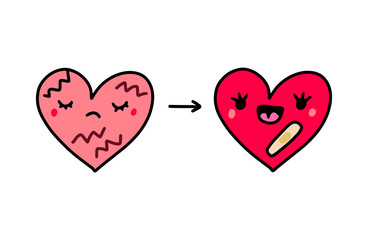 Poster - Broken heart before and after psychotherapy hand drawn vector illustration in cartoon comic style