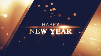 Wall Mural - Happy New Year greetings card with shining golden bokeh particles on a background. Beautiful magic design.