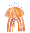 Composition with rainbow, umbrella and rain drops in doodle style with warm colors. Watercolor illustration for kids, nursery decor