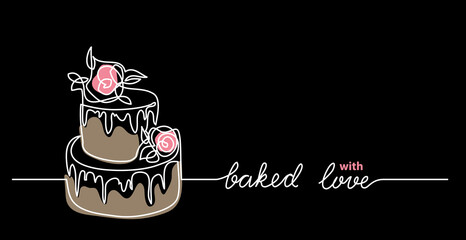 Sticker - Cakes to order dark web banner. Wedding or birthday cake minimalist vector illustration. One continuous line drawing with text Baked with love.