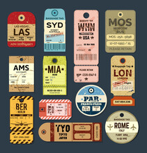 Old Vintage Luggage Tag. Baggage Checks Or Ticket For Passenger Flight. Baggage Ticket For Passengers At Airport. Grunge Passport For Stamps. France, Italy, USA, Japan, Europe Country Label