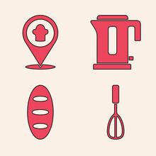 Set Kitchen Whisk, Chef Hat With Location, Electric Kettle And Bread Loaf Icon. Vector.