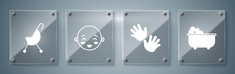 Poster - Set Baby bathtub, Baby hands print, Happy little boy head and Baby stroller. Square glass panels. Vector.