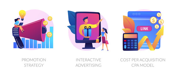 Sticker - Marketing campaign planning, targeted ad, expenses analysis. Promotion strategy, interactive advertising, cost per acquisition CPA model metaphors. Vector isolated concept metaphor illustrations